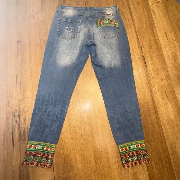 Desigual Ethnic Embroidered Jeans Boho Patchwork Denim Size 26 Hippie Zip Ankle - Picture 2 of 14